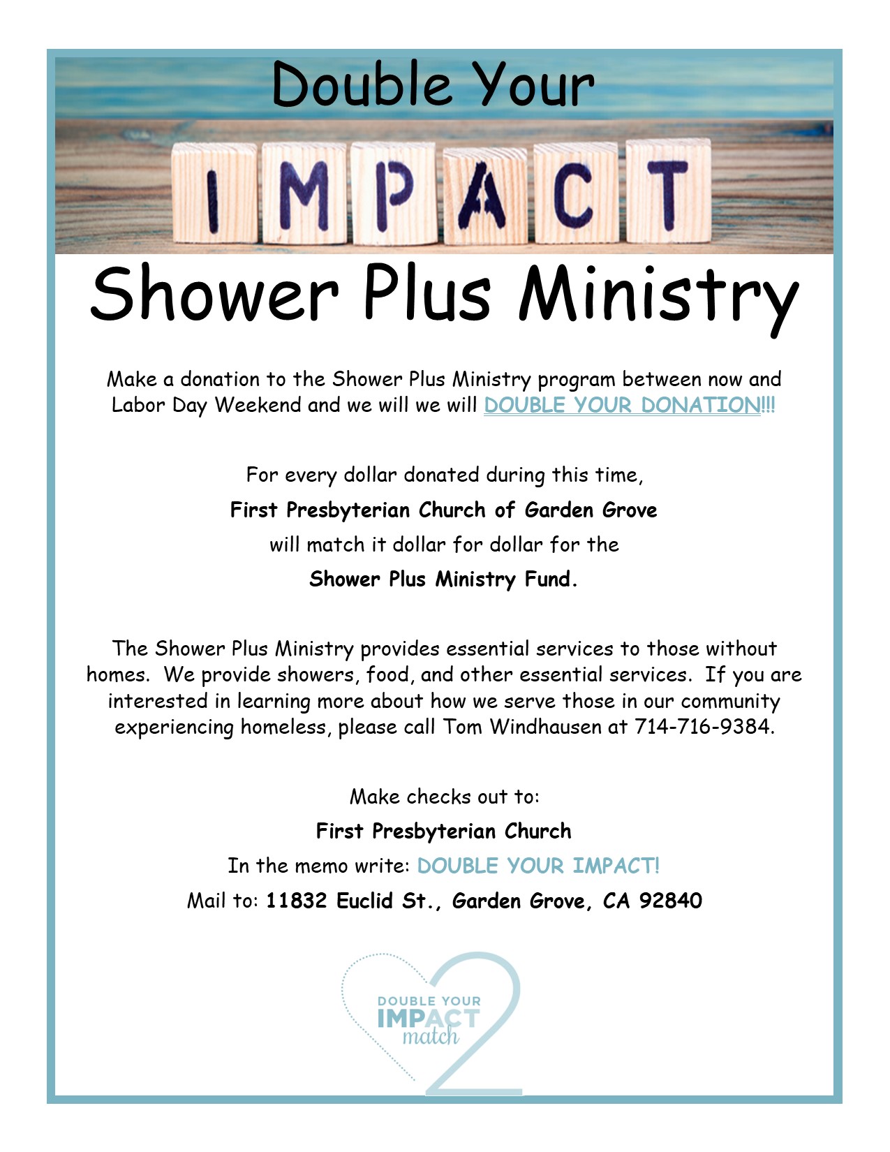 Shower Plus Ministry Double Your Effort-Now through Labor Day 1
